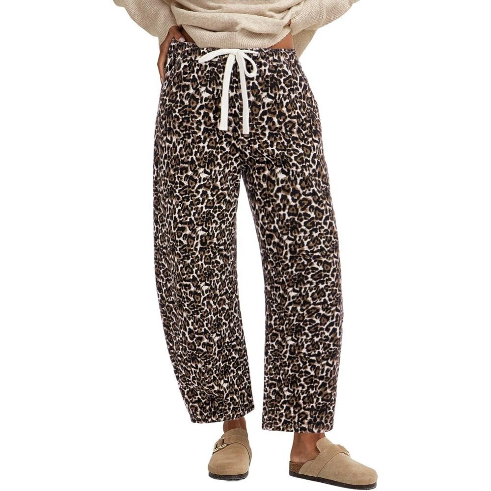 Womens Leopard Print Wide Leg Crop Jeans Stretch Denim High Waisted Casual